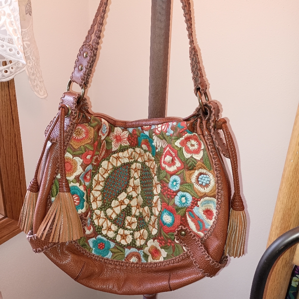 Isabella Fiore Vintage Embroidered Nicole Peace Sign Leather Hobo Shoulder Bag